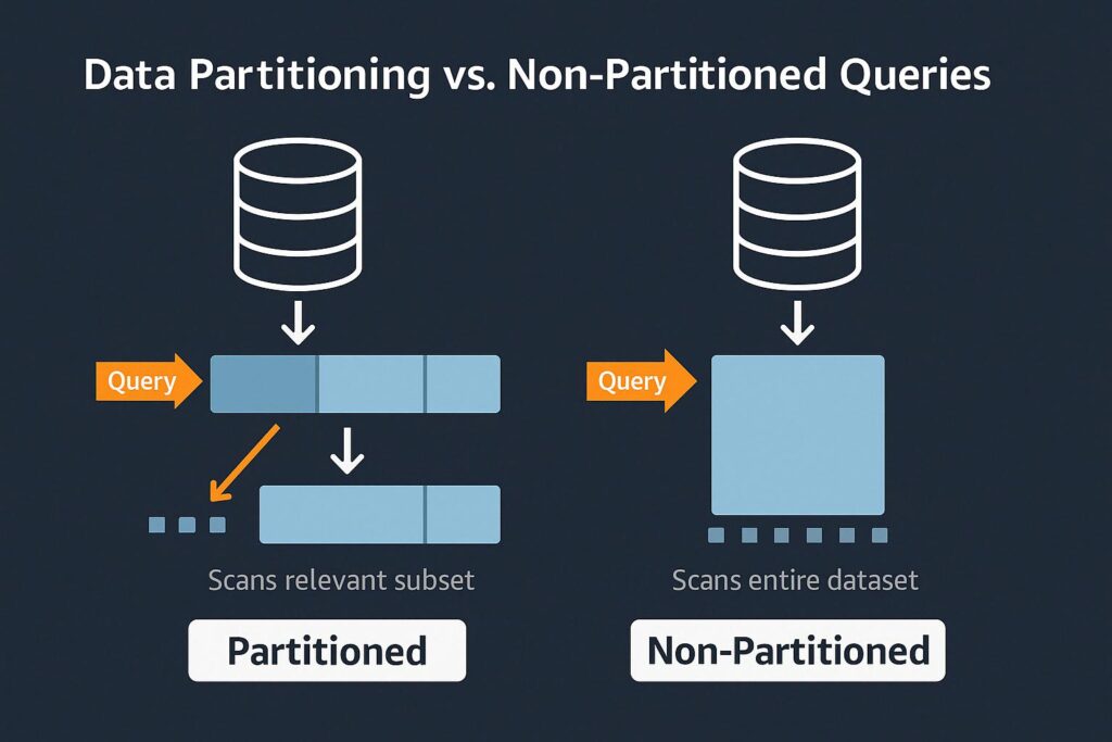 Infographic comparing data partitioning with non-partitioned queries showing reduced scan scope and efficiency improvements with partitioned data.