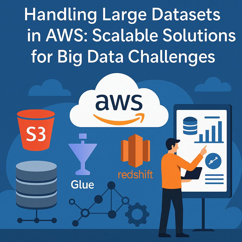 Illustration showing AWS services S3, Glue, and Redshift with a character analyzing big data charts for handling large datasets in AWS.