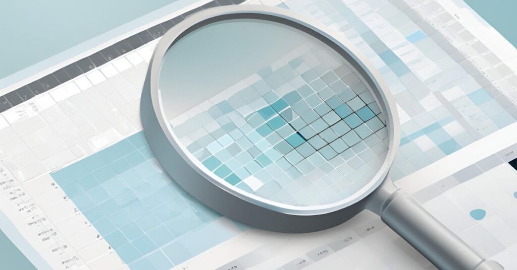 Magnifying glass highlighting missing cells in a data table, concept of finding missing values in dataset