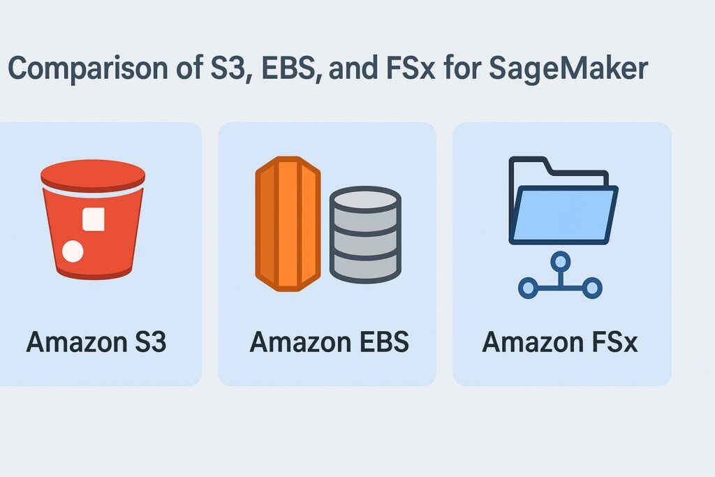 Comparison chart of SageMaker ML storage options including Amazon S3, EBS, and FSx for performance and cost.