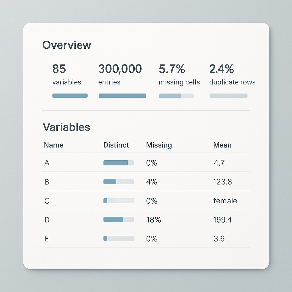 Simple data profiling report showing basic dataset statistics for missing value detection
