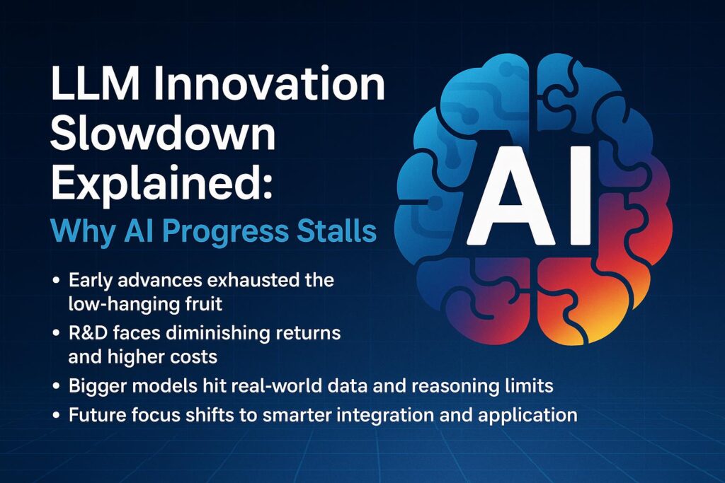 Conceptual illustration of AI innovation slowdown with digital head silhouette, glowing neural circuits, and diminishing data flow