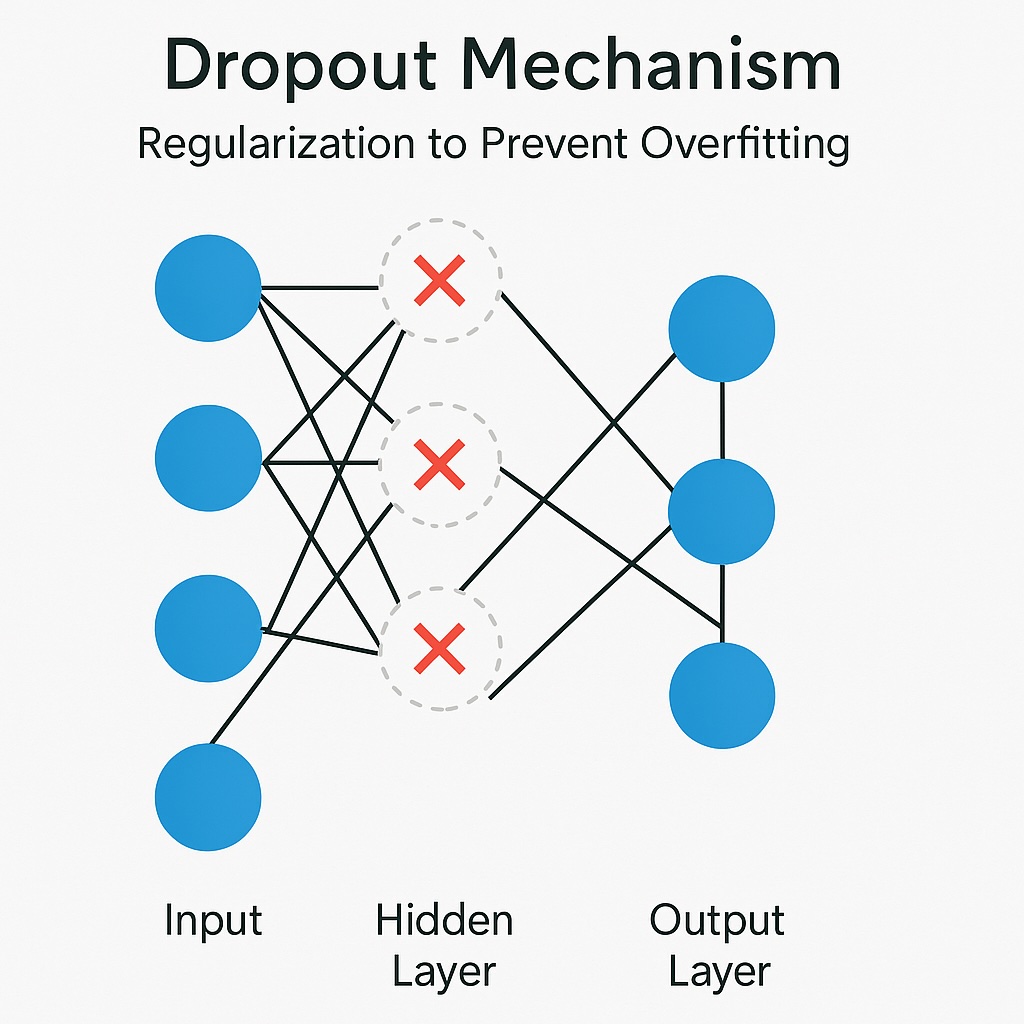 Diagram of dropout mechanism showing deactivated neurons in a neural network to prevent overfitting