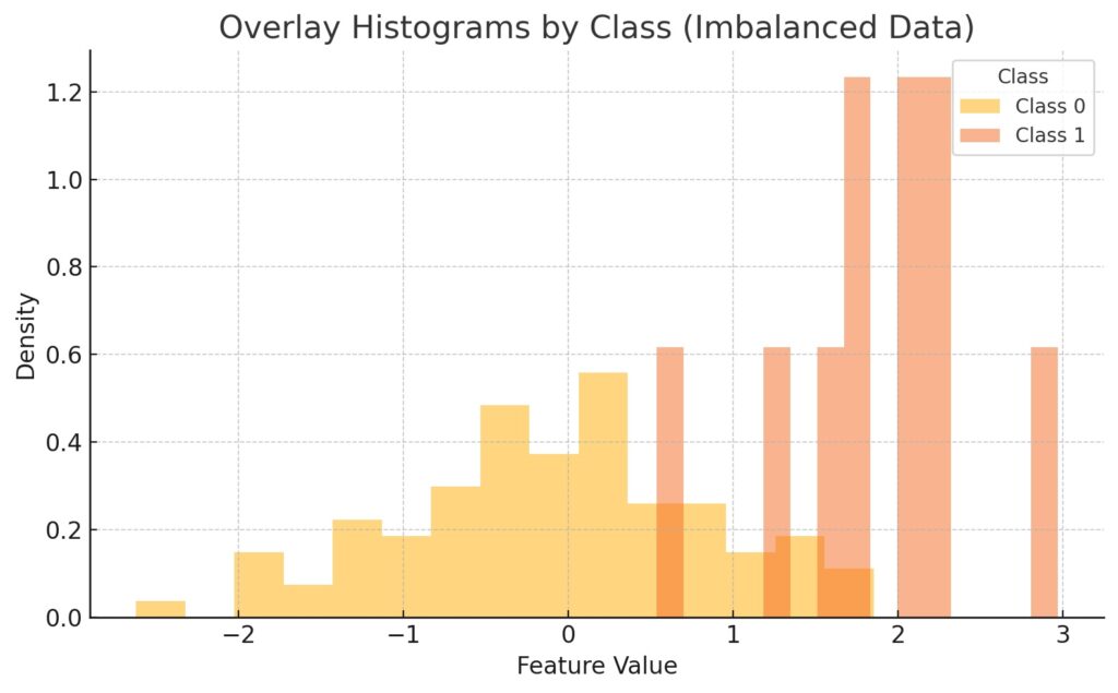 Overlay histogram showing different feature distributions by class in an imbalanced dataset.