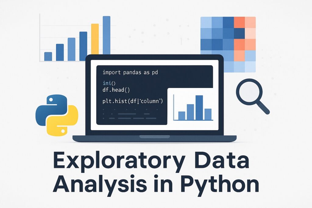 Feature image showing data visualizations and Python code for exploratory data analysis