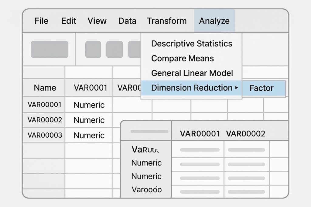 SPSS GUI showing how to access PCA via Analyze > Dimension Reduction > Factor