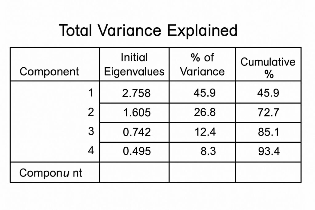 Line drawing of SPSS Total Variance Explained table showing eigenvalues, variance percentage, and cumulative variance for PCA components