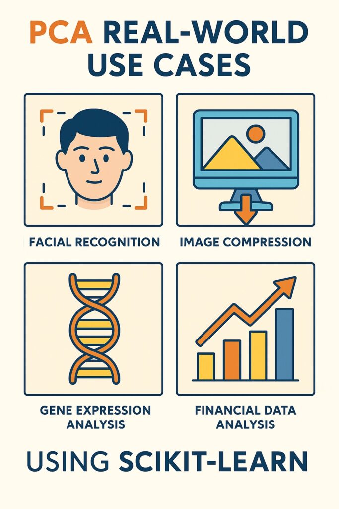 Infographic showing PCA use cases: facial recognition with eigenfaces, image compression, gene expression analysis, and financial data modeling