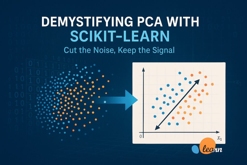 Digital illustration showing dimensionality reduction with PCA using Scikit-learn on Iris dataset
