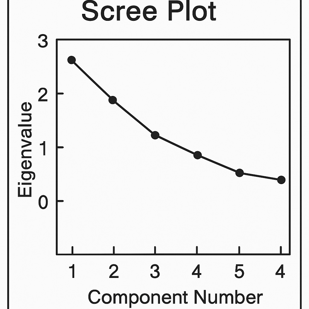 Wireframe of a scree plot showing eigenvalues declining across components for PCA in SPSS
