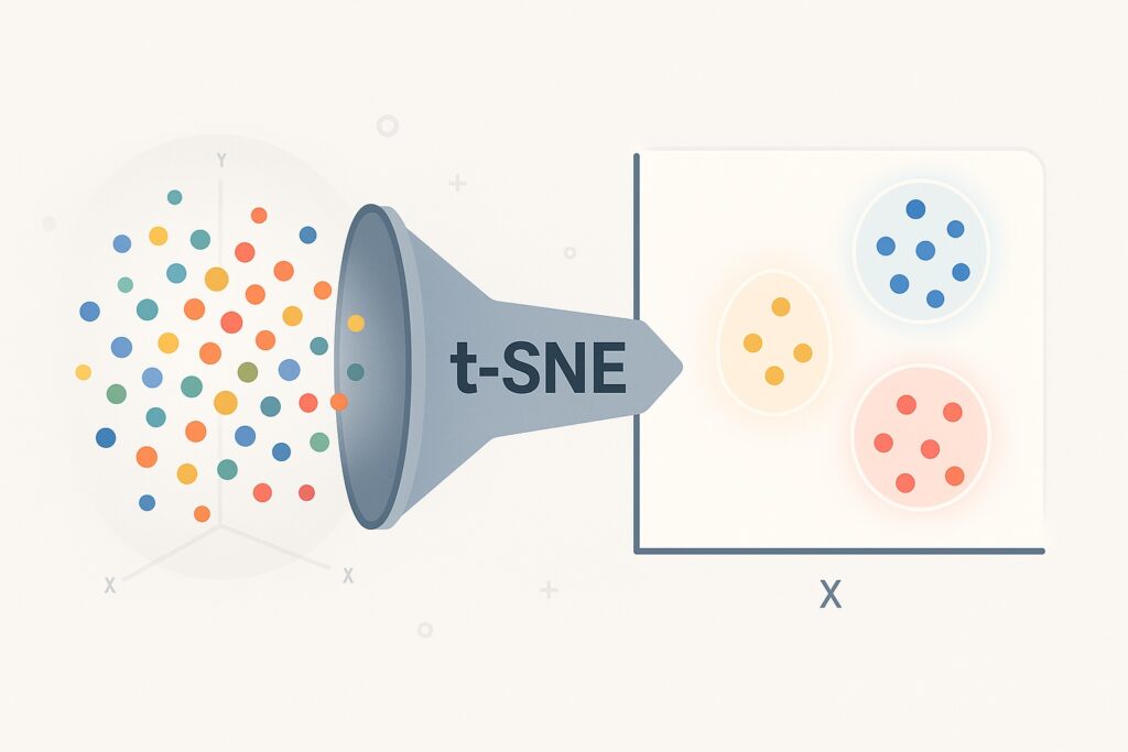 t-SNE transforming high-dimensional data into 2D clusters for machine learning visualization