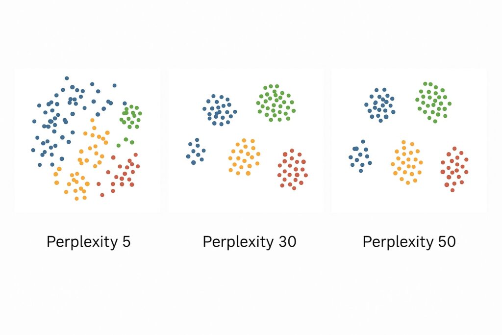 Comparison of t-SNE plots at low, medium, and high perplexity values showing cluster separation changes