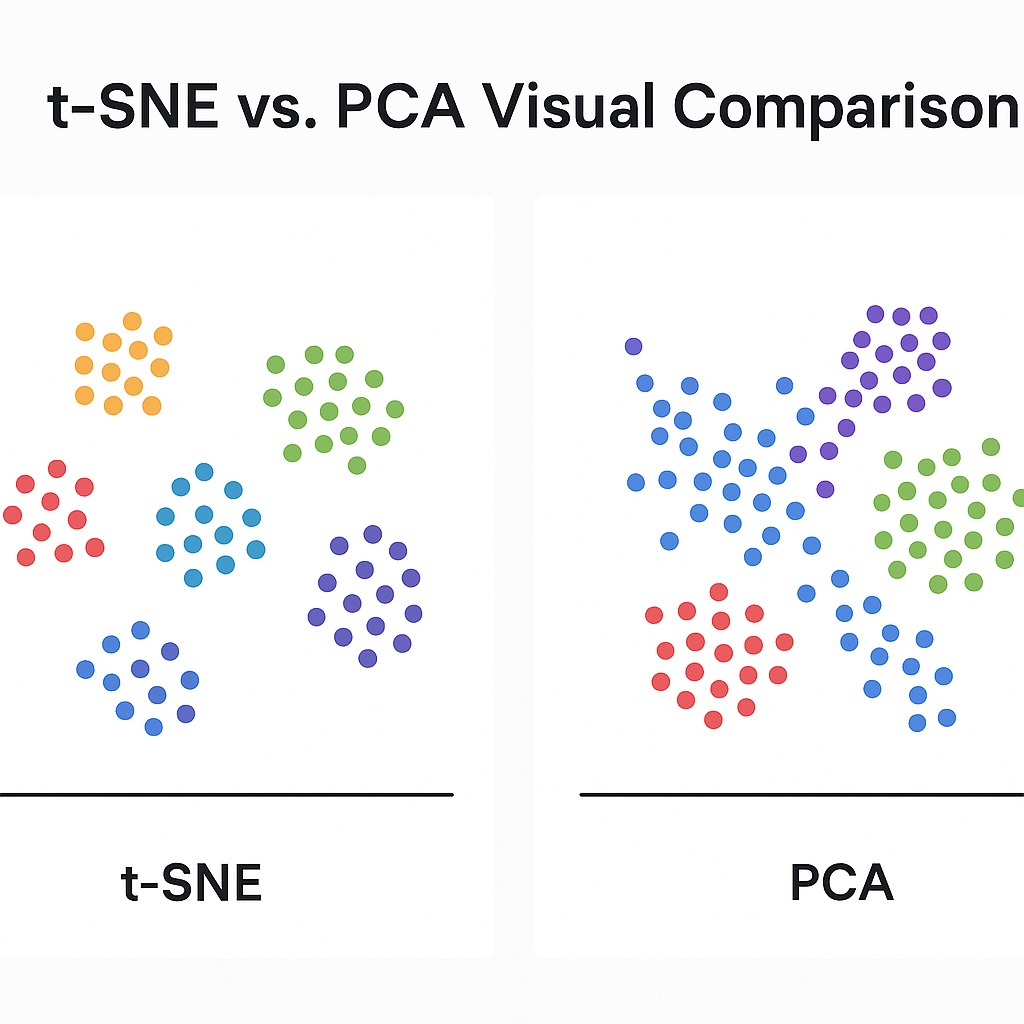 Side-by-side plot comparing PCA and t-SNE cluster visualizations on the same dataset