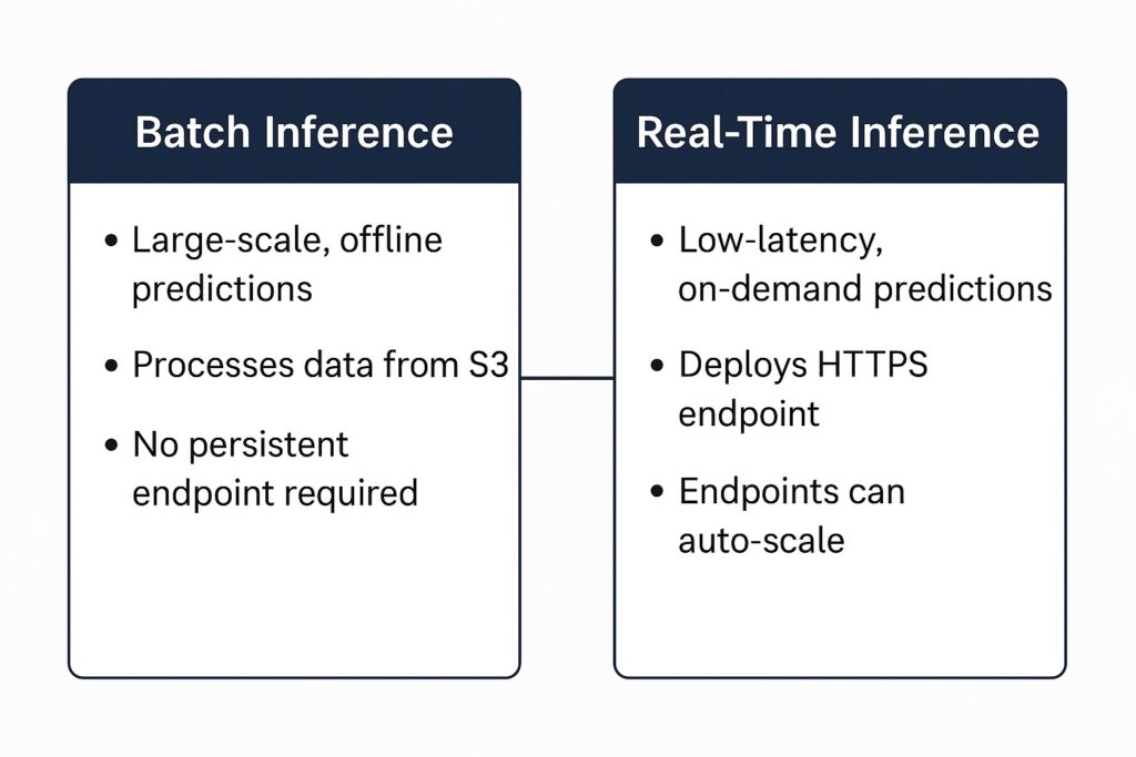 Flowchart comparing batch inference and real-time inference in SageMaker, highlighting use cases, latency, and deployment differences