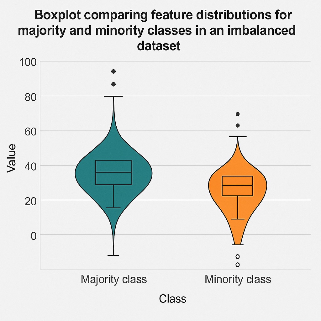 Boxplot comparing feature distributions for majority and minority classes in an imbalanced dataset