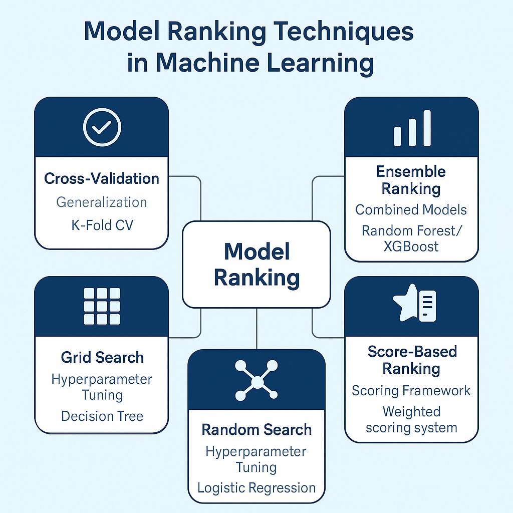 Diagram showing model ranking techniques in machine learning including cross-validation, grid search, random search, ensemble, and score-based methods