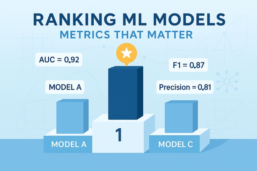 Illustration of ranked machine learning models with evaluation metrics like precision, recall, and AUC