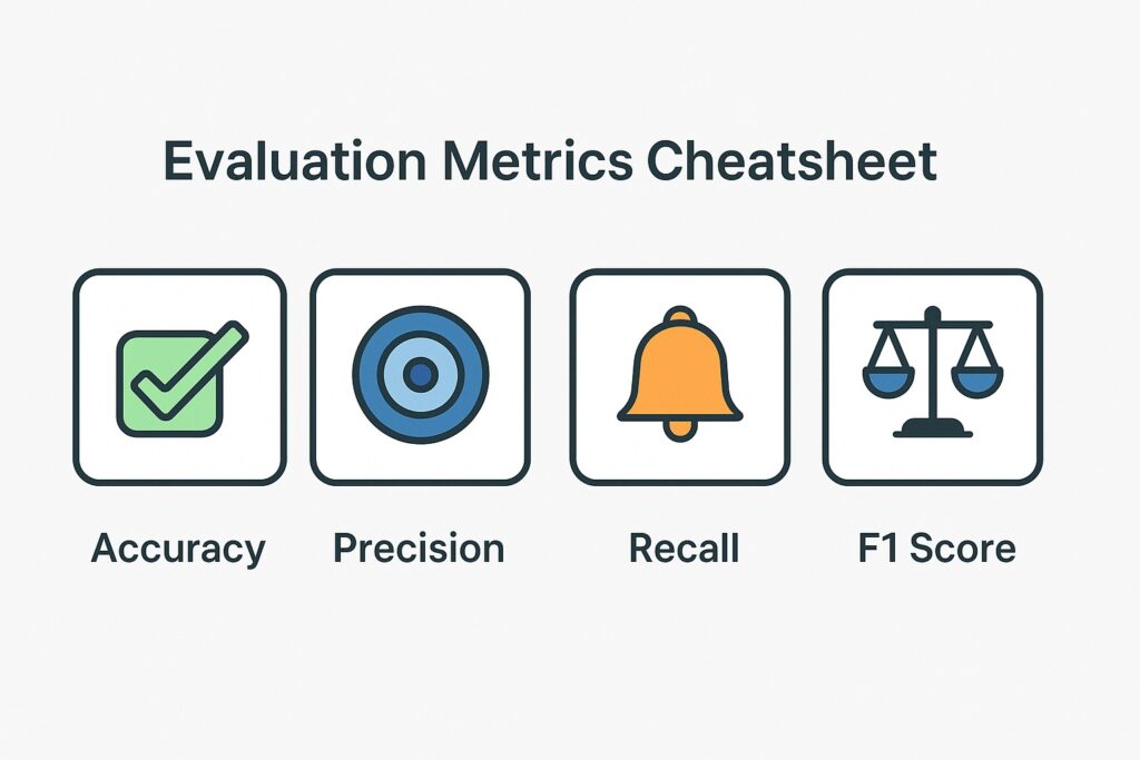 Evaluation metrics cheatsheet showing accuracy, precision, recall, F1 score, and ROC-AUC for SageMaker model evaluation.