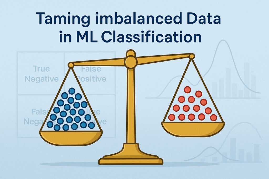 Illustration of class imbalance in machine learning showing unbalanced scale with majority and minority classes