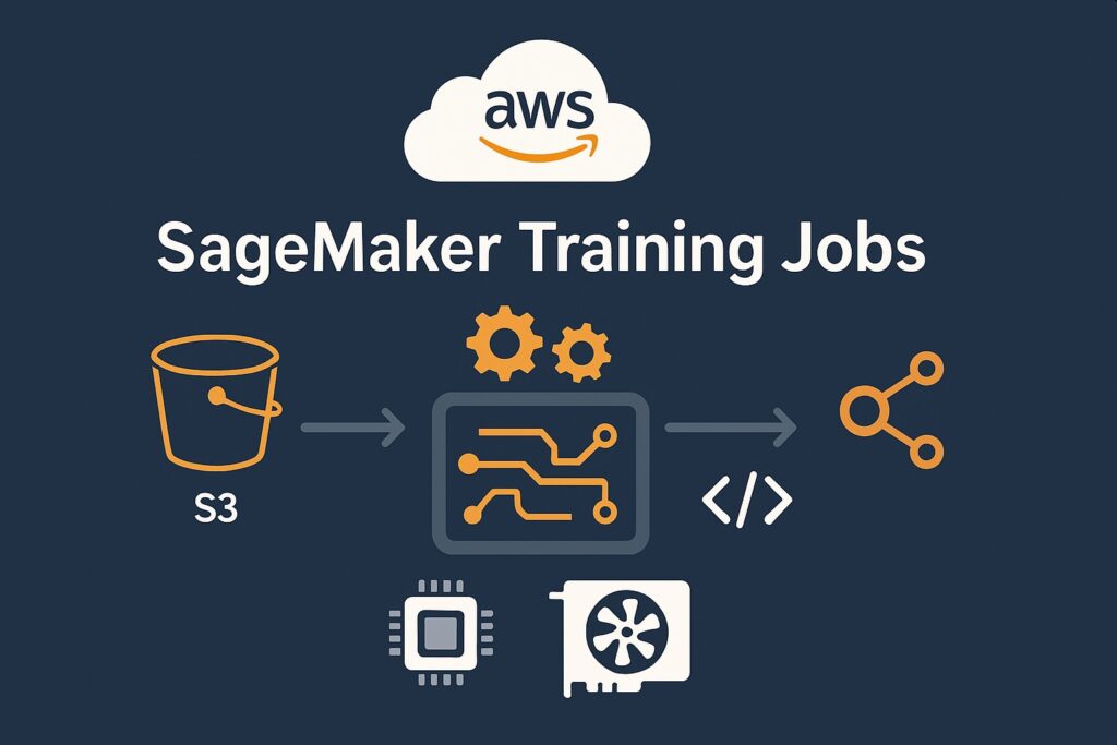 Illustration of AWS SageMaker training jobs workflow with S3, training environment, CPU and GPU icons, and output model path
