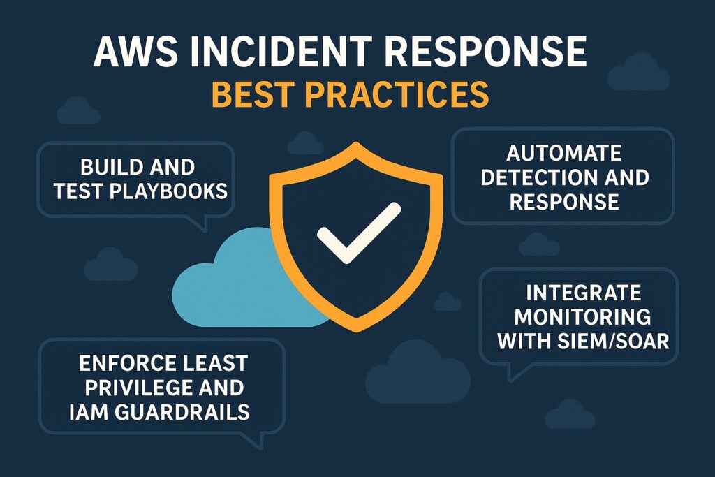 AWS incident response best practices visual with shield and cloud icons.