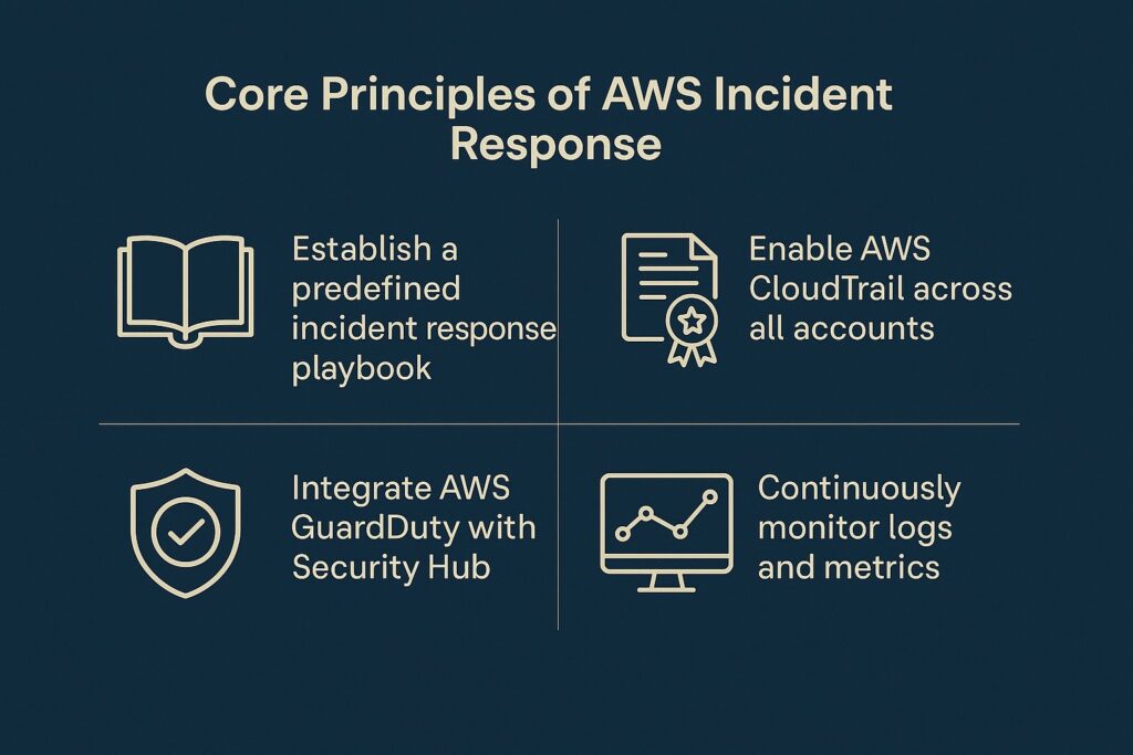 Core principles of AWS incident response including preparation, detection, automation, and recovery.