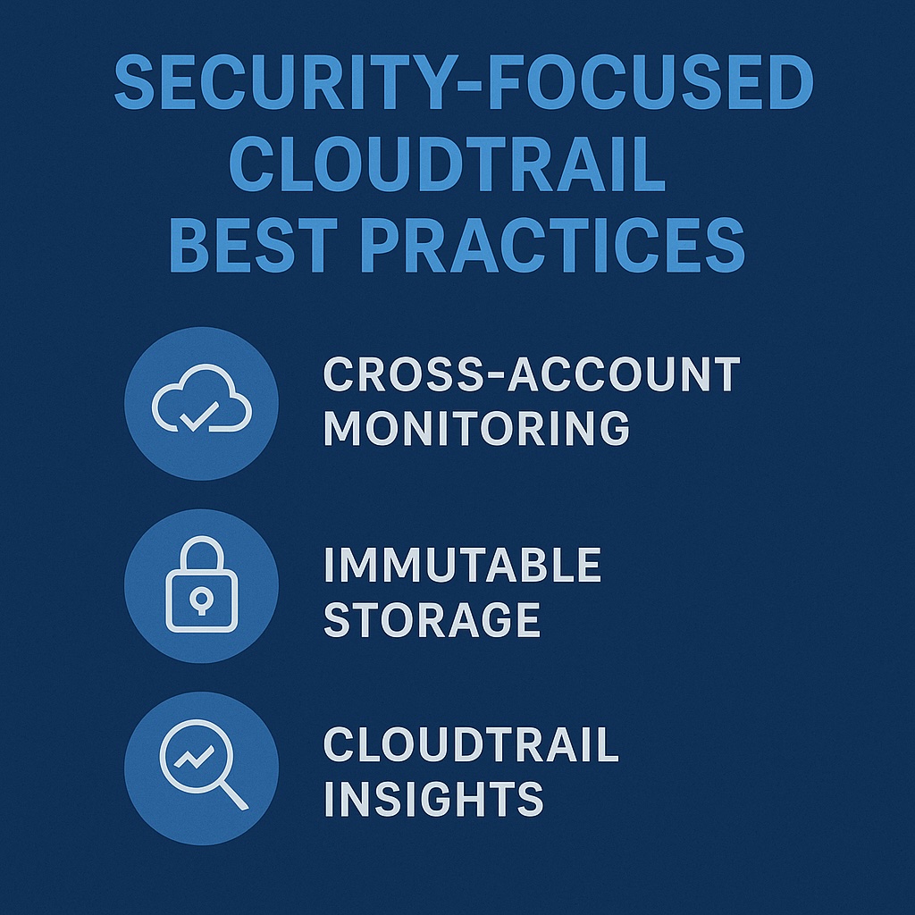 AWS CloudTrail security best practices with cross-account monitoring and immutable storage.