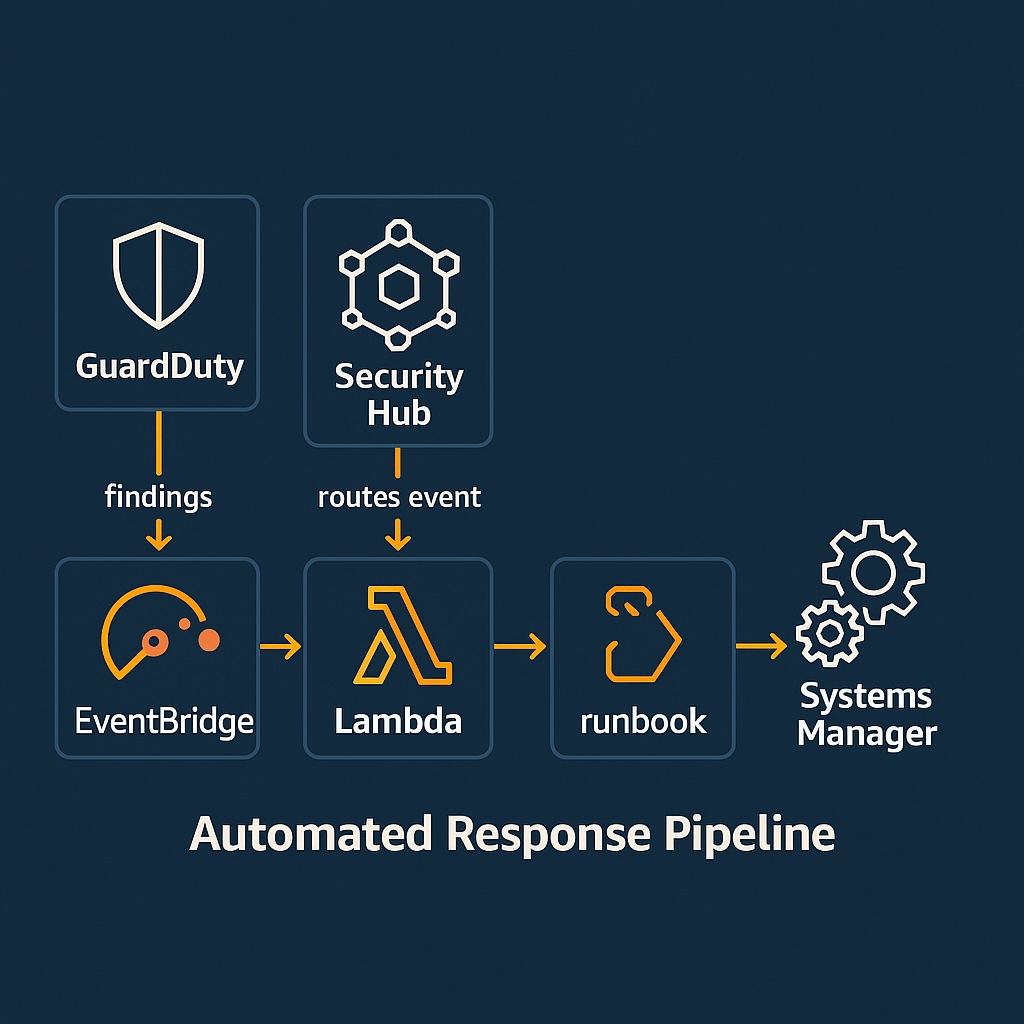 Flowchart illustrating AWS automated incident response pipeline from detection to remediation.