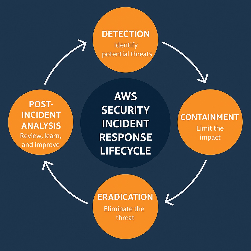 Diagram of the AWS security incident response lifecycle with five key stages.