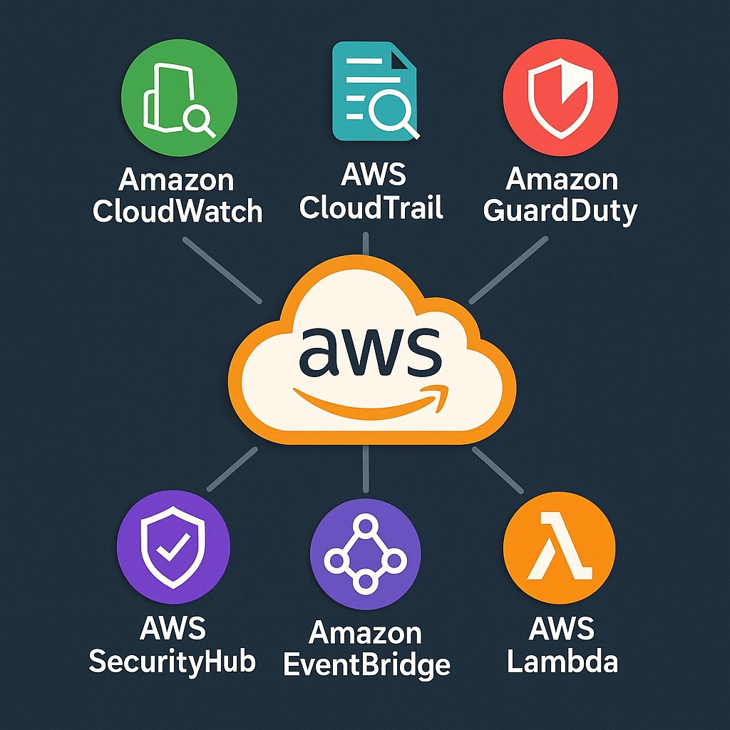 Infographic showing interconnected AWS services used in security incident response.