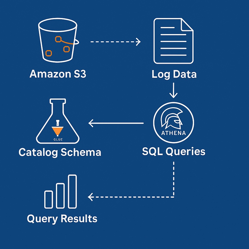 Infographic illustrating the Athena log analysis workflow showing AWS CloudTrail logs stored in S3 queried through Amazon Athena, connected to QuickSight dashboards and Security Hub for analytics and compliance insights.