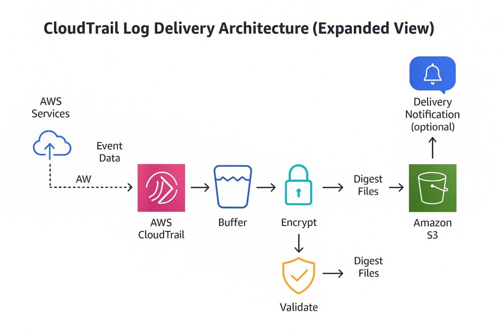 Diagram showing AWS CloudTrail log delivery architecture from AWS accounts to S3 with KMS encryption, SNS notifications, and CloudWatch monitoring in a multi-region setup.