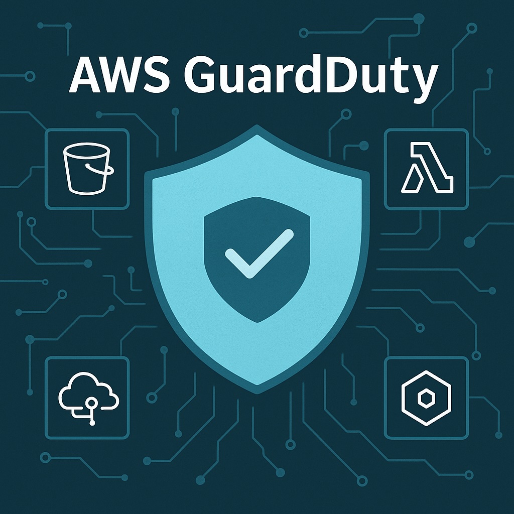 Illustration of AWS GuardDuty threat detection with AWS services such as S3, Lambda, VPC, and CloudTrail.