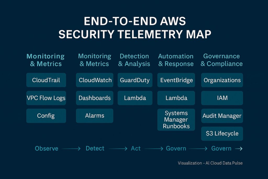 Five pillars of AWS logging and monitoring summary infographic.