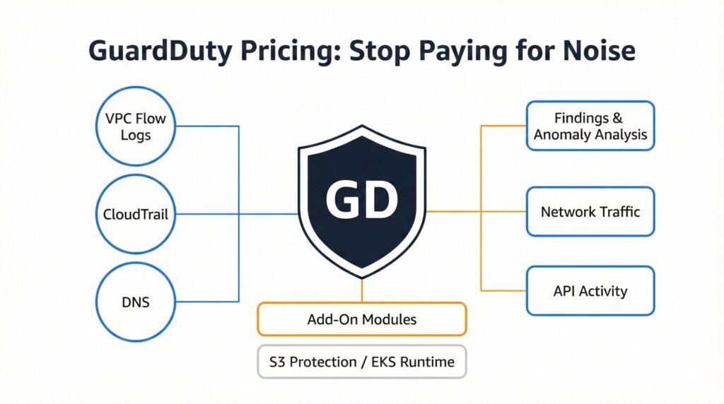 Diagram showing GuardDuty pricing sources including VPC Flow Logs, CloudTrail, DNS, findings analysis, network traffic, API activity, and add-on modules.