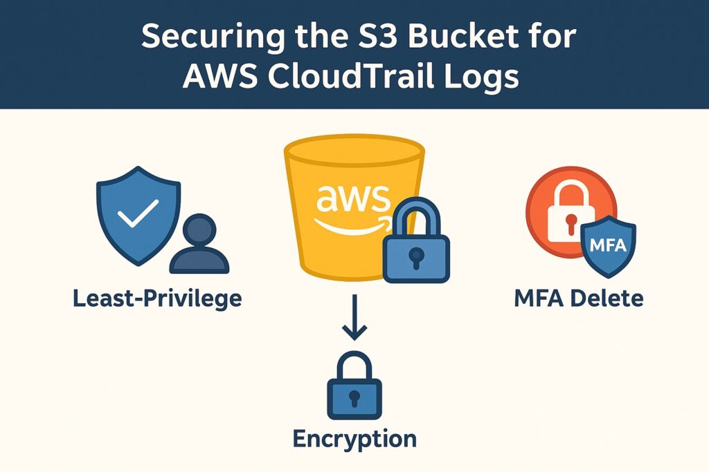 Diagram illustrating security layers for S3 buckets storing AWS CloudTrail logs, showing least privilege, encryption, and MFA Delete.