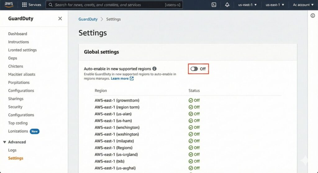 AWS GuardDuty settings screen showing auto-enable in new supported regions turned off, illustrating a common regional coverage misconfiguration