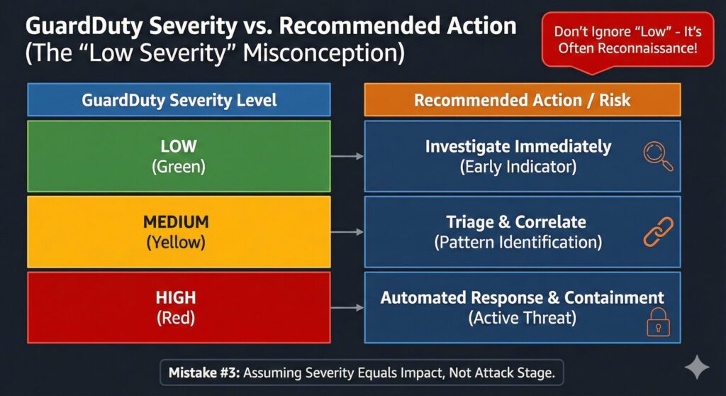Diagram showing AWS GuardDuty severity levels mapped to recommended actions, illustrating that low-severity findings often indicate early reconnaissance rather than low risk.