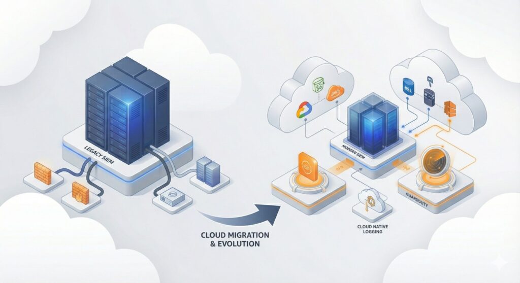 Diagram showing the evolution from legacy SIEM systems to cloud-native security services like AWS GuardDuty in modern cloud environments.
