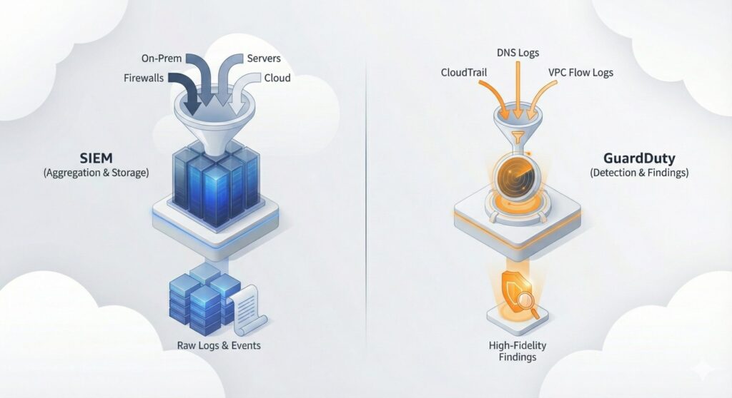Side-by-side diagram comparing SIEM aggregation of raw logs with AWS GuardDuty filtering cloud telemetry into high-fidelity security findings.