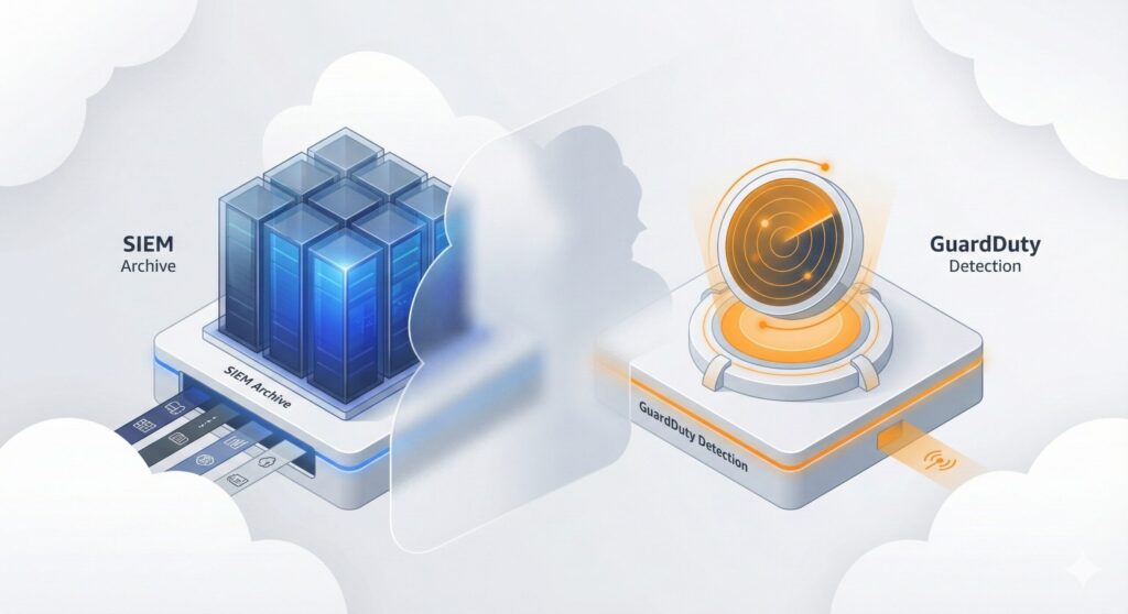 Visual comparison of AWS GuardDuty and SIEM showing threat detection signals versus log aggregation