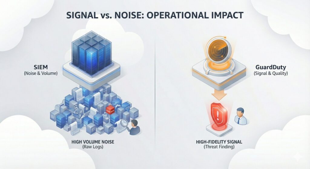 Diagram comparing SIEM handling high-volume raw log noise with AWS GuardDuty surfacing a single high-fidelity security threat finding.