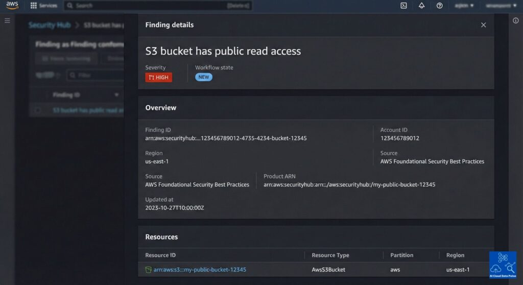 AWS Security Hub finding anatomy showing severity, resource metadata, and workflow fields