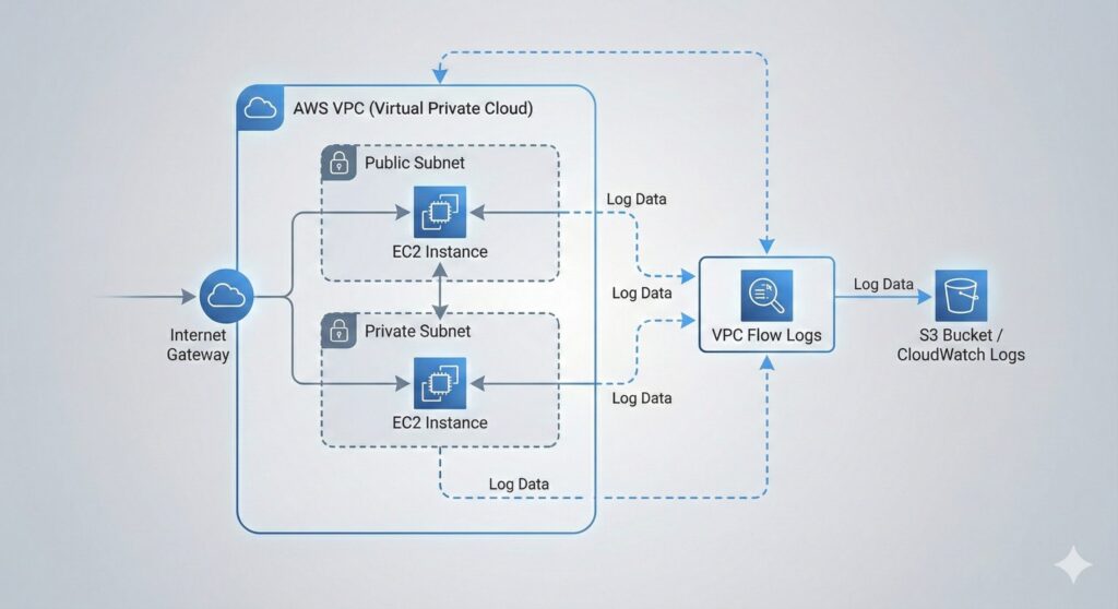 High-level architecture showing where AWS VPC Flow Logs capture network traffic metadata