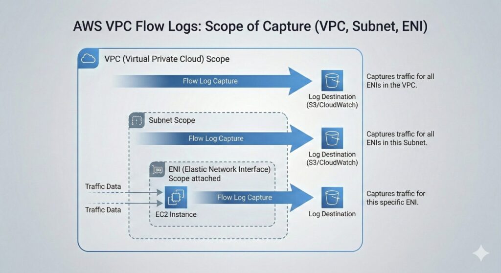 AWS VPC Flow Logs scope showing VPC, subnet, and ENI traffic capture

