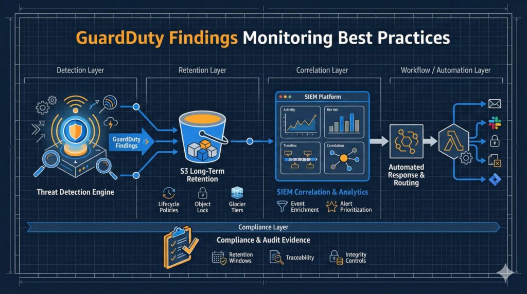 Diagram showing GuardDuty findings flowing into S3 for retention, SIEM for correlation, and automation workflows for monitoring best practices.