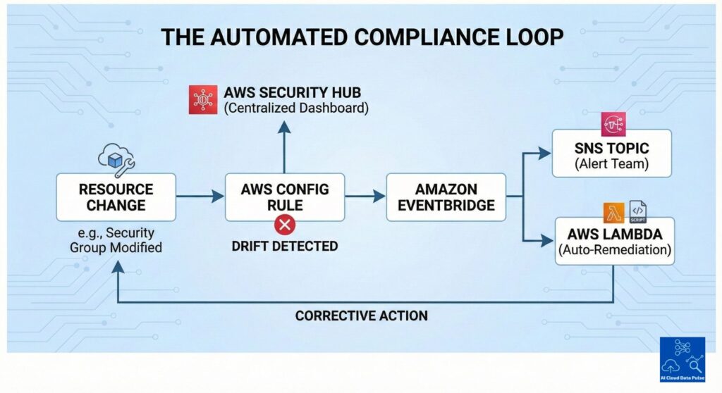 AWS Config compliance loop showing drift detection, Security Hub, EventBridge, and automated remediation
