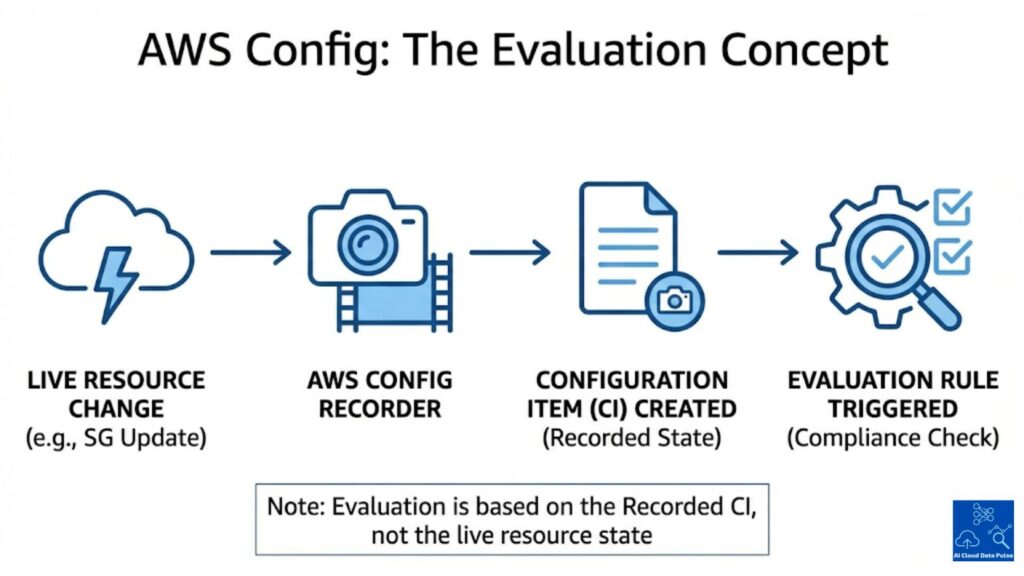 AWS Config evaluation flow from resource change to configuration item and compliance check
