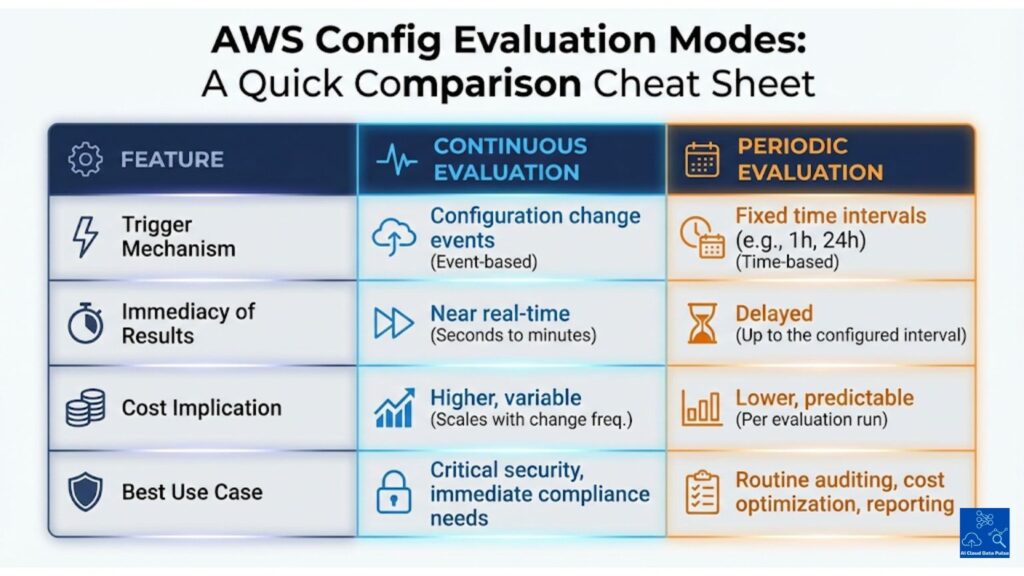 AWS Config continuous versus periodic evaluation comparison table