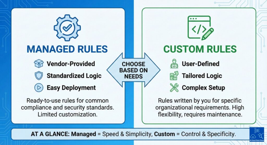 Comparison of managed and custom AWS Config rules for compliance monitoring
